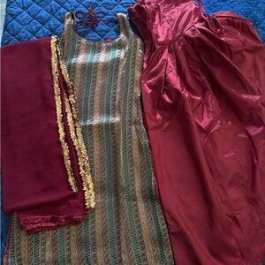 Striped Embroidered Indian Salwar Kameez Set in Burgundy & Green